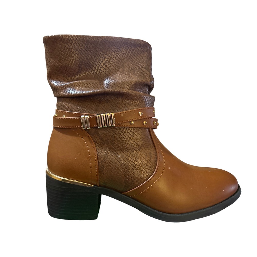 Tinstree Brown Snake Embossed Slouch Ankle Boots Gold Studded Straps Size 8